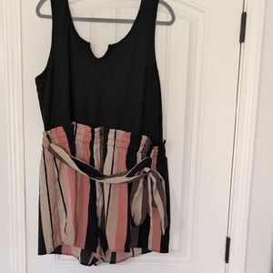 Women's Black Tank Romper with Striped Waist Tie